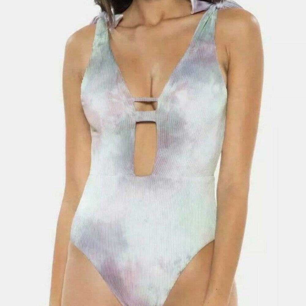 Soluna NEW Tie Dye Ribbed Plunging One Piece Swimsuit MEDIUM Multicolor Pastel